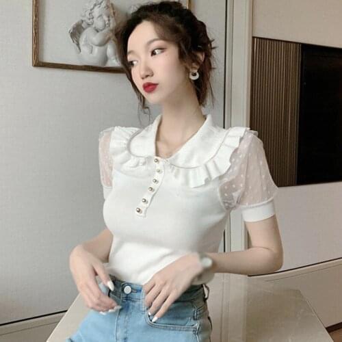 Womens Tops 2020 Summer Female Retro Doll Collar Solid Color Puff Sleeved Knitted Mesh Stiching Tops