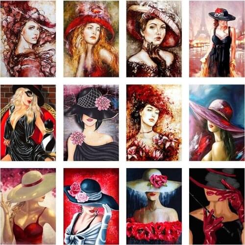 Woman DIY Diamond Painting Cross Stitch 5D Full Square Mosaic Hat Girl Diamond Embroidery Home Room Wall Decor Craft