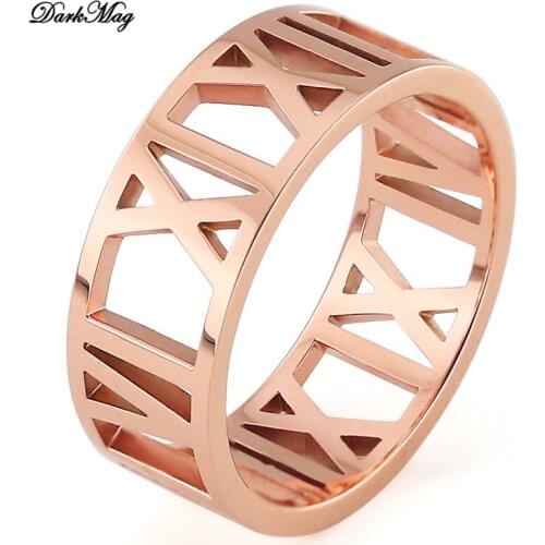 DarkMag Hollow Ring For Women Men Stainless Steel Rose Gold/Silver Color Roman Numerals Tire Ring Female Wedding Engagement Ring