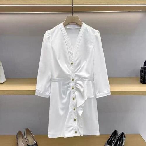 Women V-Neck Single-Breasted Pleated Mini Dress 2021 Spring Summer Ladies Long Sleeve Ruffles Slim Short Dresses