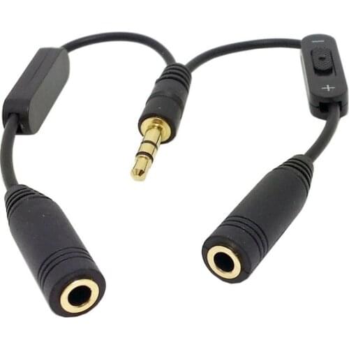 1 in 2 out 3.5mm Stereo Male to Double 3.5 mm Female Audio Headphone Y Splitter Cable with Volume Switch Black