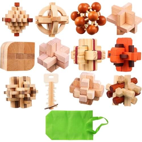 12Pcs/set 3 Level Wooden Burr Puzzle Kongming Luban Lock Brain Teaser Toy with Storage Bag (Random Color) Christmas Gift For 6