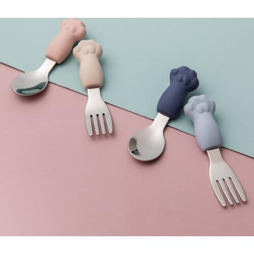 2 Pcs/Set Baby Feeding Spoon Fork Set 316 Stainless Steel Silicone Handle Cute Cat Paw Cutlery Infant Heat-Resistant Tableware