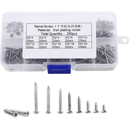 250PCS/Set M2 Stainless Steel Self Tapping Wood Screw Assortment Kit Lock Nut Wood Flat Head Thread Nail Screw Fastener Sets Hot