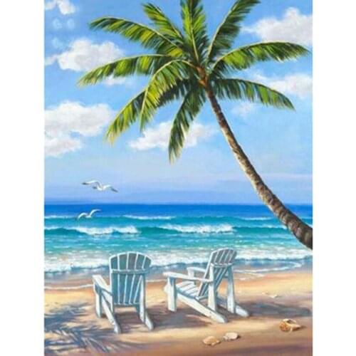 5D DIY Diamond Painting Landscape Picture Beach Coconut Tree Scenery Picture Square/Round Diamond Cross Stitch Decorative TX196
