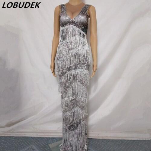 Sparkly Rhinestones Tassel Long Dress Women Prom Nightclub Party Sleeveless Crystals Fringe Dress Birthday Celebration Dresses