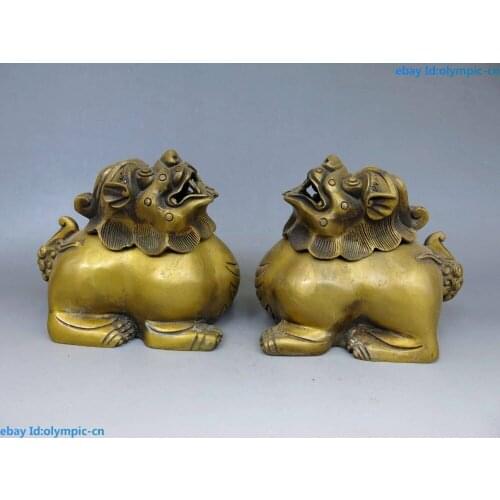 China pure brass copper carved Foo Dogs Lion pair Incense burner censer Statue
