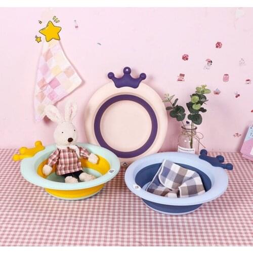 Baby Portable Baths Cartoon Cute Crown Folding Wash Basin Candy Color Kids Accessories Newborn Child Washbasin Bathroom