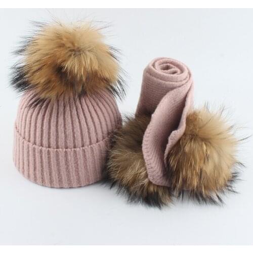 Children Wool Hat Scarf Toddler Baby Knitted Beanie Real Fur Pompom Kids Winter Hat And Scarf Set For Girls Boys