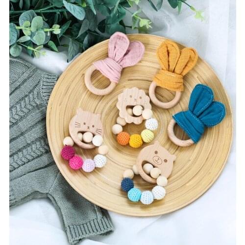 Baby Rattles Crochet Beads Bracelet Wooden Teethers Rodent Teething Baby Toys DIY Bunny Ear Bracelet Pendant Newborn Rattles