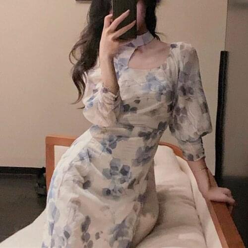 Korean Style Elegant Floral Dress Women Long Sleeve Vintage Midi Dress Thin Slim Sexy Party Dress for Females 2021 Summer Chic