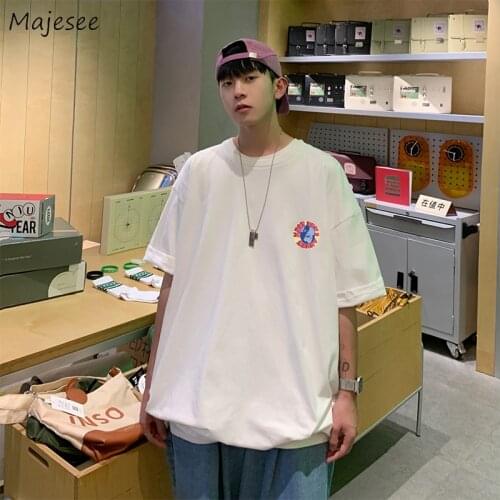 Half Sleeve Print T-shirts Men Oversize Harajuku Hong Kong Style Ins BF O-neck Clothes Male Teens Casual Outwear Tops Loose Chic