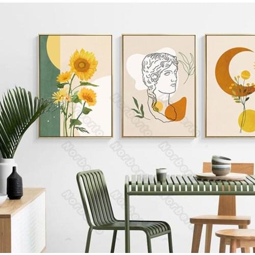 Modern Style Canvas Painting Wall Poster Bright Sunflowers Stick Figure Woman and Yellow Moon for Home Rooms Wall Decoration