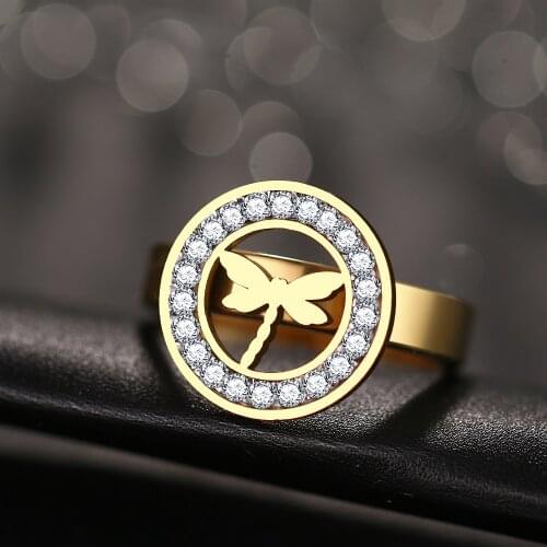 CACANA High Quality Fashion Crystal Dragonfly Classical Stainless Steel Rings For Women Jewelry Gift R213