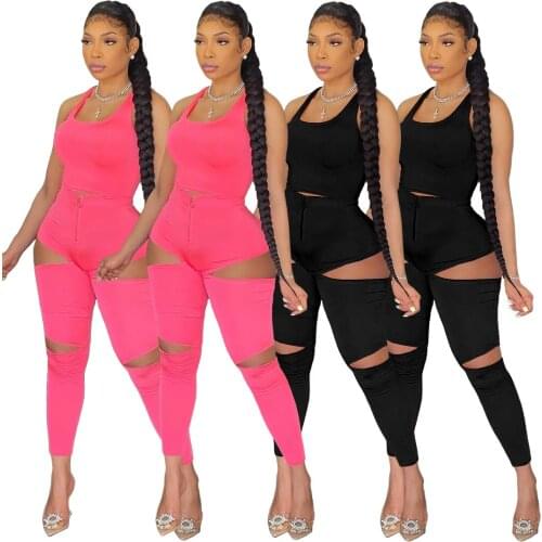 Summer New Womens Solid Color Fashion Sports Hollow Zipper Vest Two-Piece Suit