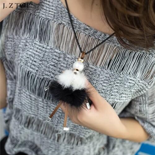 Lovely Plush Skirt Doll Pendant Necklace Leather Rhinestone Dancing Girl Long Necklaces Sweater Chain Cute Jewelry Collier Femme