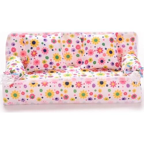 1Set Cute Miniature Doll House Furniture Flower Cloth Sofa With 2 Cushions For Doll Kids Play House Toys