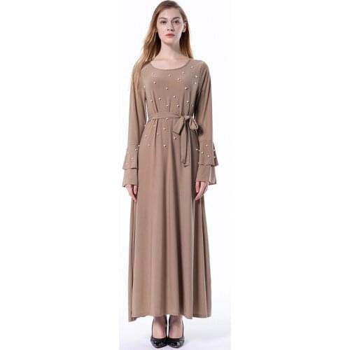 Donsignet Muslim Derss Muslim Fashion Multi-layered Flared Sleeves Bead Belt Thin Long-sleeve Dress Dubai Abaya Turkey Eid Robe