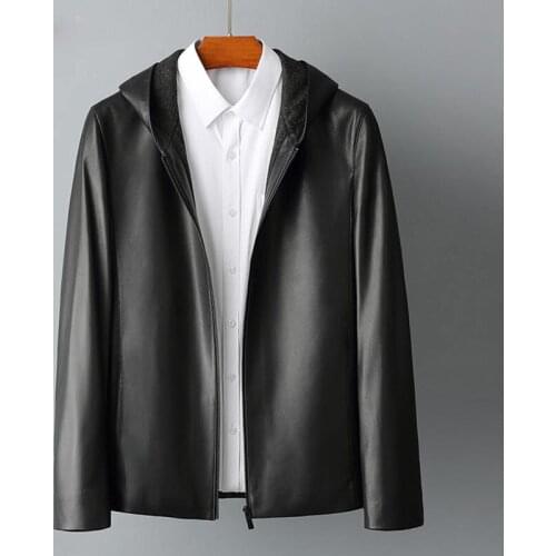 Genuine Leather Clothes Male High-End High Quality Hooded Slim Fit Sheepskin Jacket Coat