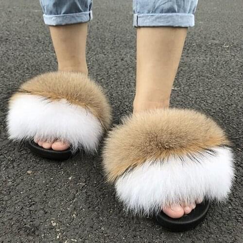 2021 New Fashion Big Fox Fur Slippers Women Sandals Slides Comfort Flat Flip Flops Fluffy Anti-Slippery Slippers