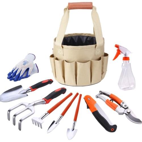 10pcs Garden Tools Home Gardening Planting Tool Set Hand Tools Weeding Shovel Rake Pruning Shears Folding Saw with Tote Bag