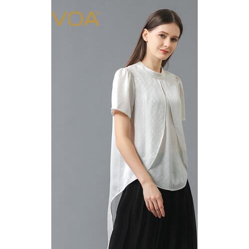 VOA Silk Jacquard Ivory White Woman Tshirts Stand Collar Pullover Print Georgette Mosaic Solid Color Joker T-shirt Female BE729