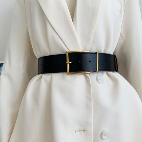 High quality Womens Black brown Wide leather Belt Square Pin Buckle Imitation leather Strap Coat Dress Simple Dress Waistband