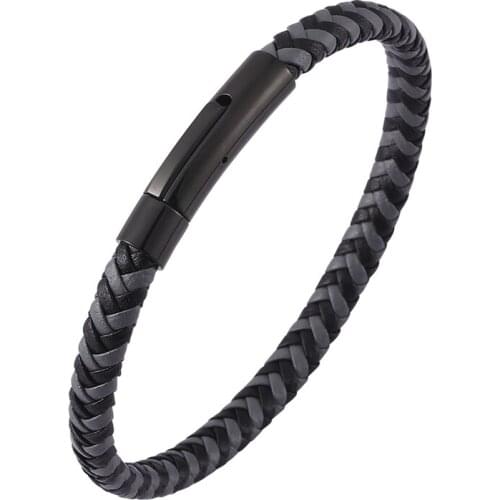 Unisex Jewelry Black Gray Braided Leather Bracelet for Men Women Fashion Accessories S.Steel Clasp Leather Bangle PD0499