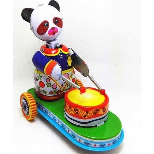 [Funny] Adult Collection Retro Wind up toy Metal Tin drumming animal panda car Mechanical Clockwork toy figures model kids gift
