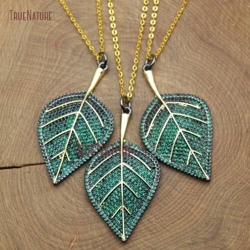 Green Cubic Zirconia Beads Pave Micro Tiny Leaf Healing Charm Gold Finish Link Chains Necklace Standard Size In 18 Inch NM10503