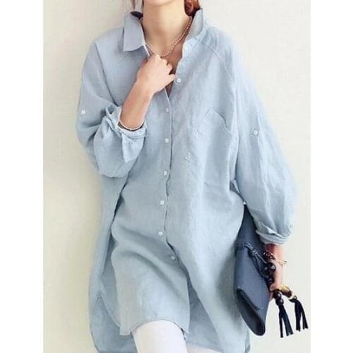 Womens Cotton Casual Blouse 2021 Elegant Shirts Long Sleeve Blusas Female Lapel Split Tunic Baggy Chemise Oversized