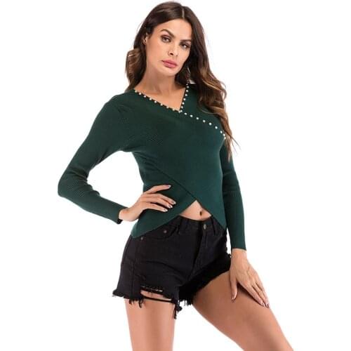 Neatie Kiddie Sexy Lumbar Women V-neck Pullovers Tops Clothes Long Sleeve Slim Cross Beading Spring Autumn Sweater Pull Femme
