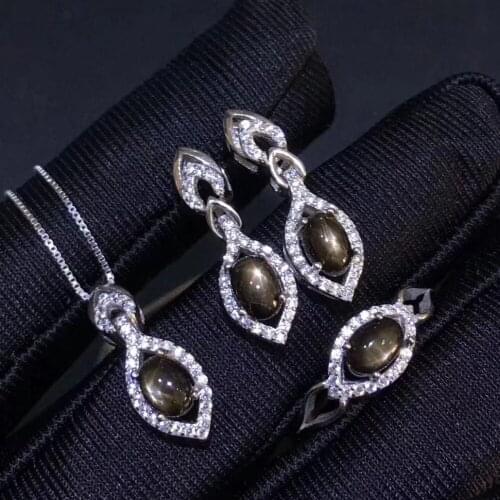 Natural black Starlight sapphire Water drops Ring Pendant Earrings Natural Gemstone Jewelry Set 925 Silver Women party jewelry