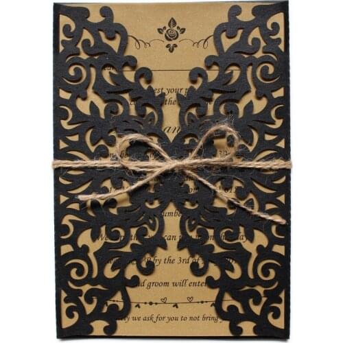 10 Pcs Laser Cut out Floral Wedding Party Black Invitations Cards With Inserts & Envelopes, Free Design and Personalized Print