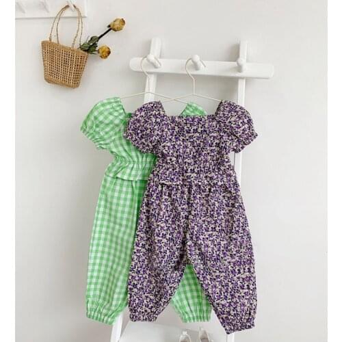 2PCS Girls Korean Plaid Floral Clothes Suit 1-7Years Baby Kids U-neck Top+Trousers Outfits Set Summer Childrens Girl Clothing