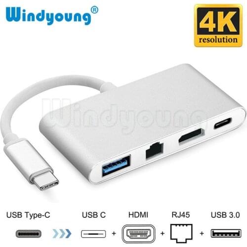 4 in 1 USB-C Hub Adapter USB 3.1 Type C to HDMI 4K+Gigabit Ethernet RJ45 +USB 3.0 Multilport Converter USB Splitter for Macbook