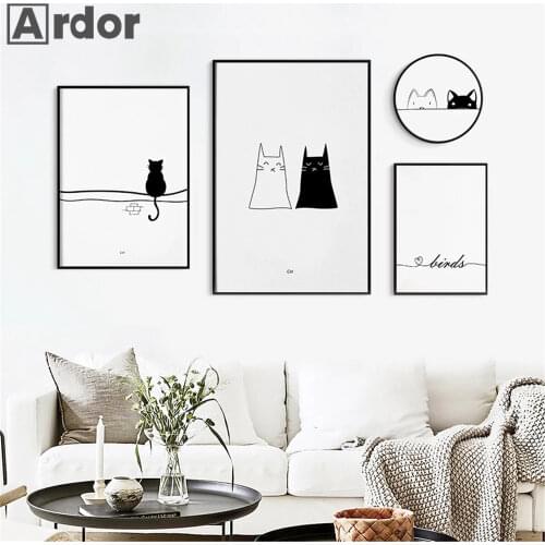 Abstract Cats Line Drawing Poster And Print Black White Canvas Painting Cute Animal Pictures Nordic Living Room Home Decoration