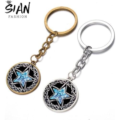 SIAN Hebrew Talisman Supernatural Pentacle Keychain Geometric Blue Pentagram Pendant Key Chain Handmade Glass Cabochon Key Ring