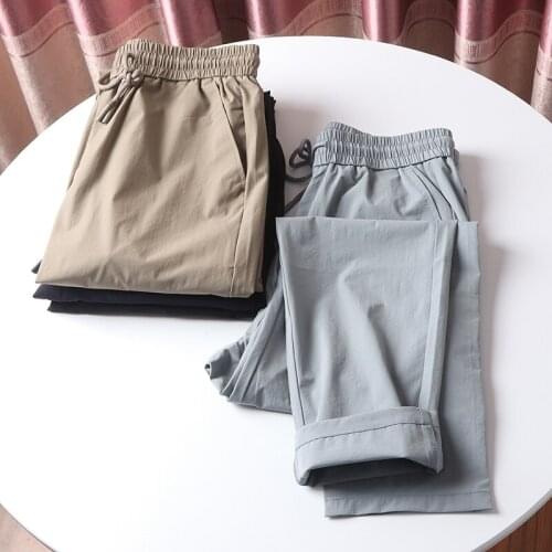 Summer Male Straight Pants Mens Fashion Elastic Waist Casual Pants Men Streetwear Loose Ice Silk Trousers Mens Wide Leg Pants