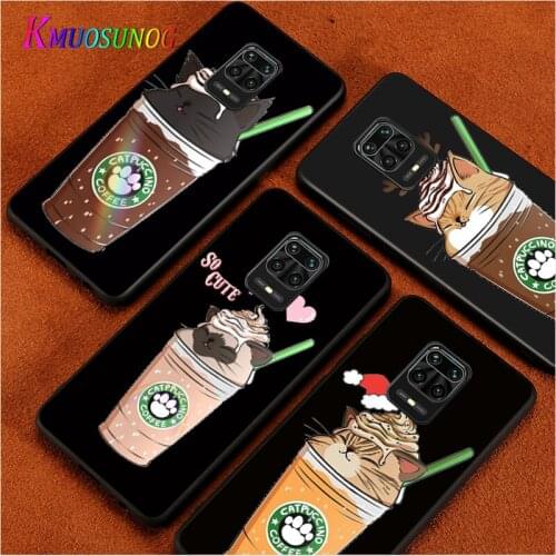 Cute Cat With Coffee For Xiaomi Redmi Note10 10S 9T 9S 9 8T 8 7 6 5A 5 4 4X Prime Pro Max Black Phone Case