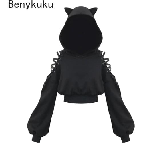 Black Cute Cat Ear Hoodies Women Punk Gothic Crop Hoodie Autumn Winter Plus Velvet Hollow Out Long Sleeve Harajuku Sweatshirt
