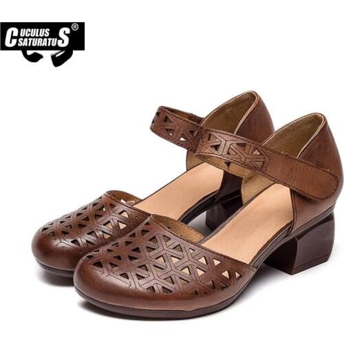 Cuculus Full-grain Cow Leather high heel women shoes ankle strap round toe square heel pumps dancing party wedding shoes