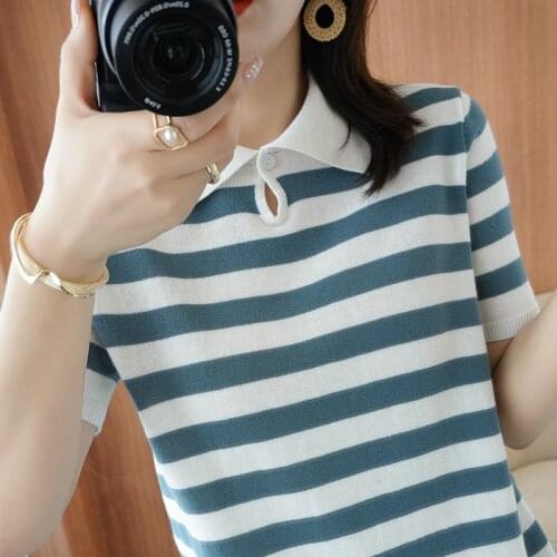 Pure cotton T-shirt 2021 summer casual knitted sweater short-sleeved female doll collar pullover plus size top striped T-shirt