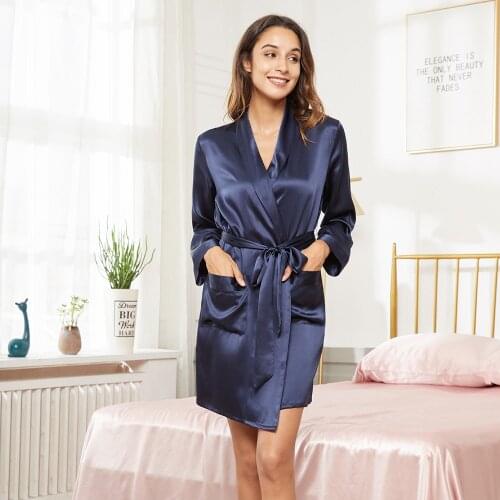 Womens 100% Pure Mulberry Silk Short-Length Bathrobe Robe With Pockets For Wedding Party