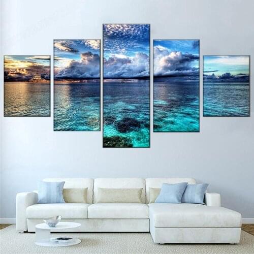 HD Printed Painting Canvas Kids Room Decor Framework 5 piece blue sky and white clouds Seascape Poster Modular Picture