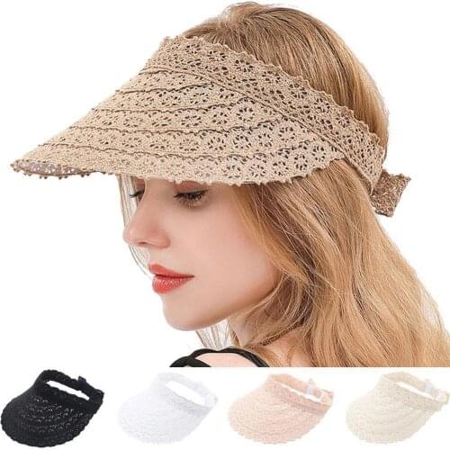 Women Large Wide Brim Summer UV Protection Beach Cap Sun Visor Hats Ladies Hollow Lace Floral Striped Mesh Empty Top Cap