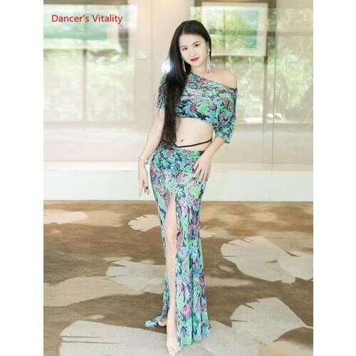 Belly dance Practice Clothes for women bellydancing Suit Floral mesh top+split long skirt 2pcs set adult Oriental Dance Clothing