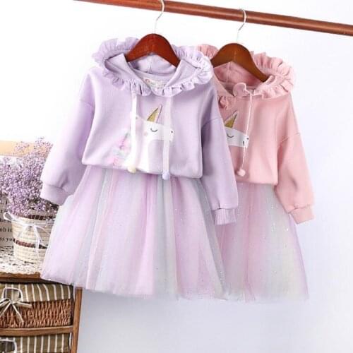 Girls long sleeve suit new girls cartoon Unicorn Hooded Sweater + rainbow mesh half Skirt Set childrens two piece dresses