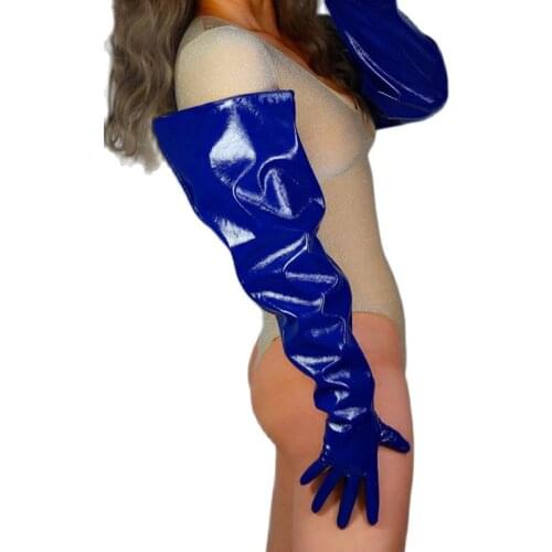 PATENT LONG GLOVES Unisex Faux Leather Balloon Puff Sleeves XL 70cm Cobalt Blue Women Leather Gloves WPU233