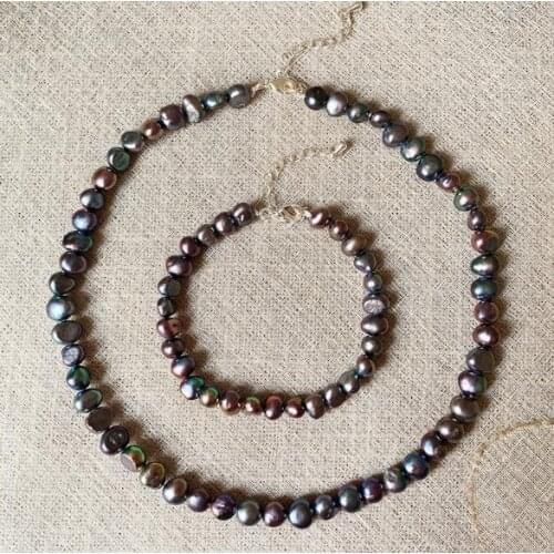 Favorite Pearl Necklace Bracelet Fine Jewelry For Women Birthday Party Gift Irregular Nuggets Black Genuine Freshwater Pearl